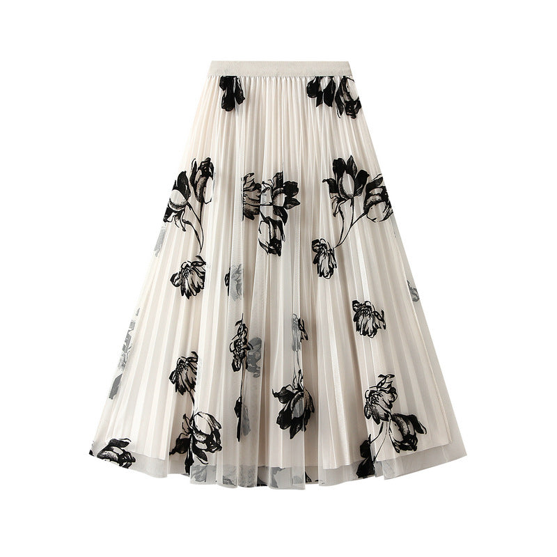 Falda plisada de tul floral flocado