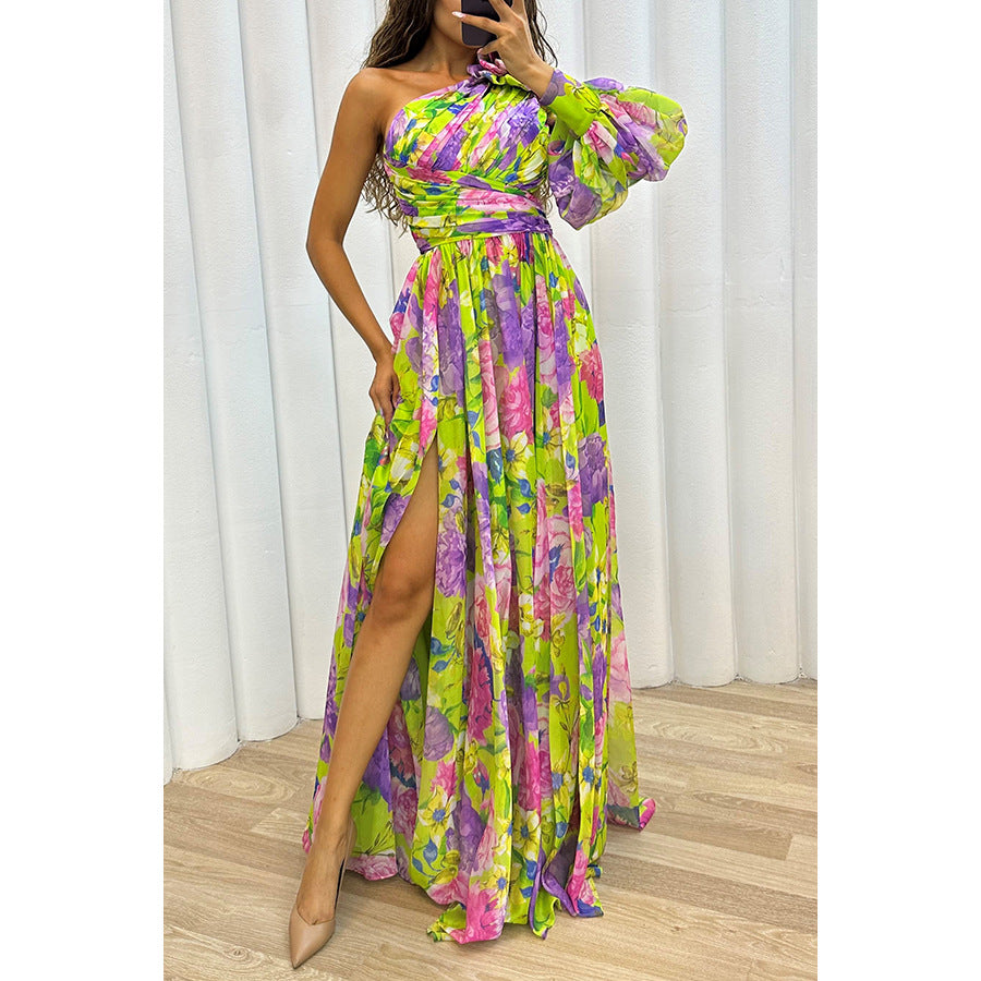 Robe ample fendue multicolore à une épaule