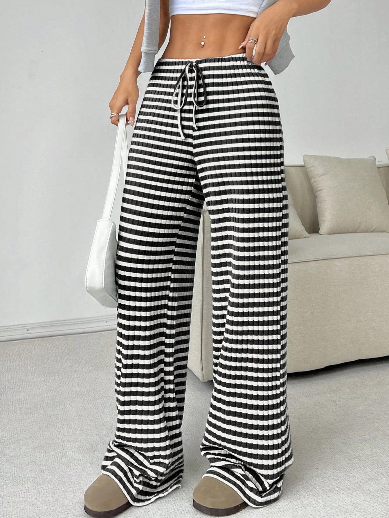 Striped Rubber Band Drawstring Straight Leg Pants