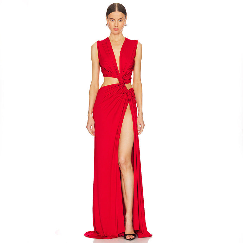 Vestido maxi sexy de cor sólida com decote em V profundo vazado com fenda e corte justo