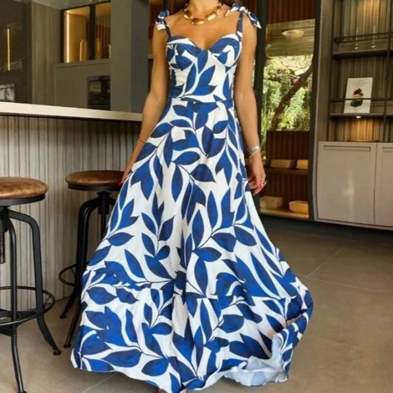 Robe longue imprimée à bretelles taille haute