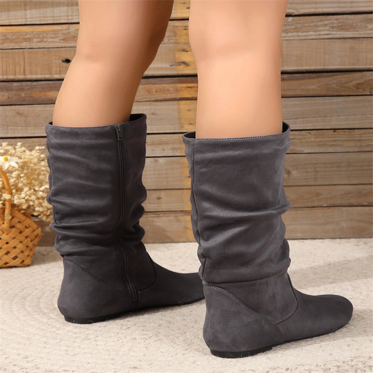 Pleated Zipper Flat Ankle Boots