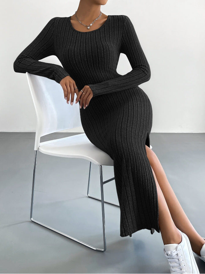 Long Sleeve Crew Neck Split Knitted Maxi Dress