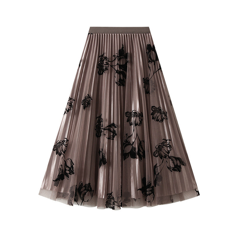 Flocking Floral Tulle Pleated Skirt