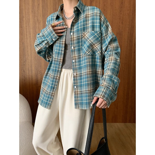 Retro Washed Brushed Cotton Plaid Long Sleeve Shirt