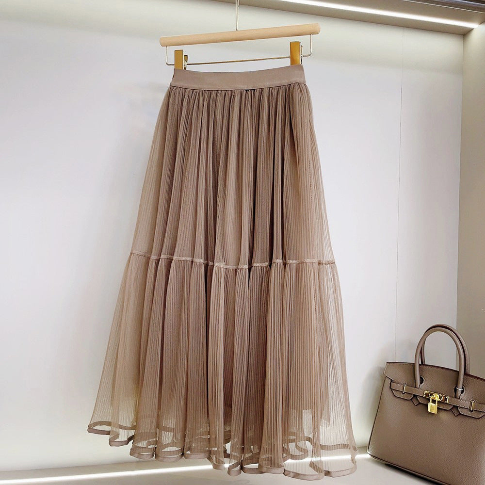 Gauze Pleated A Line High Waist Mid Length Skirt