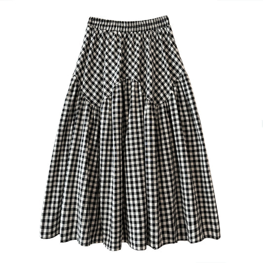 Art Retro Plaid High Waist Slimming A Line Skirt Patchwork Big Hem Umbrella Skirt