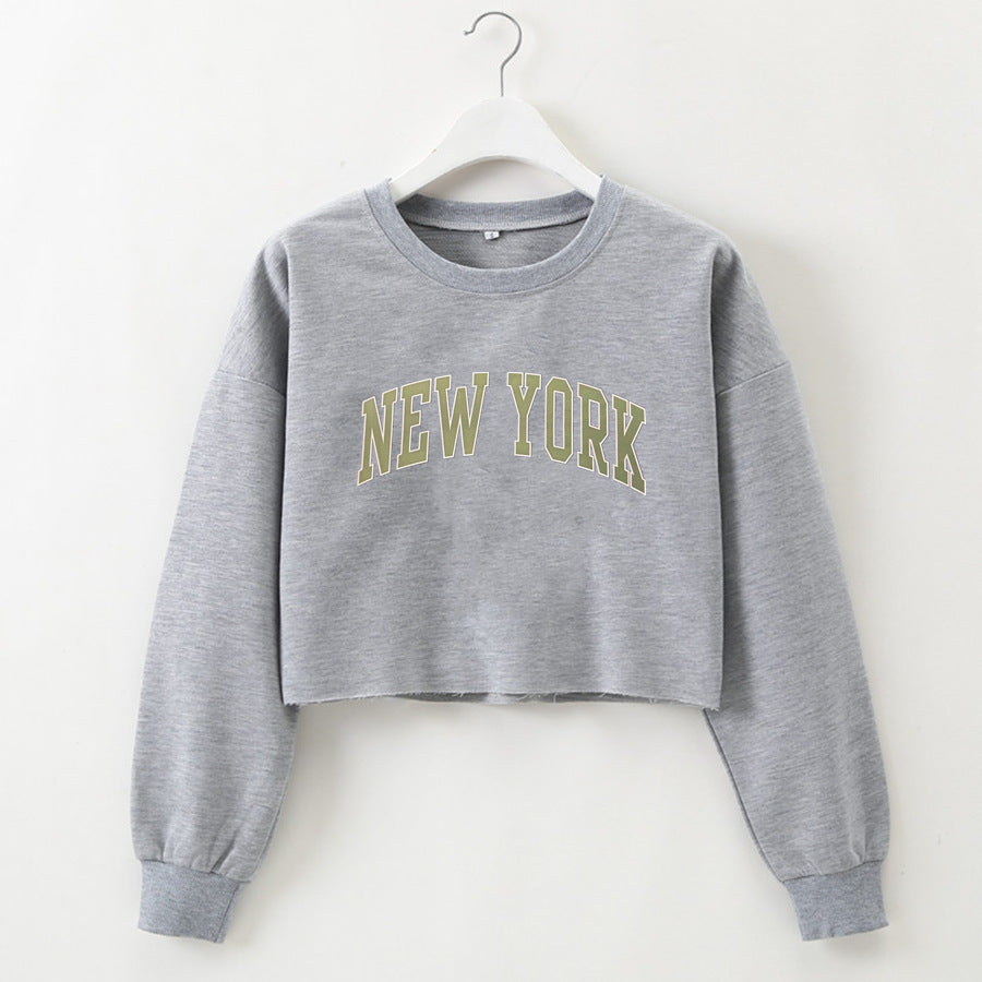 Kurzes, lockeres, langärmliges Sweatshirt mit New York-Buchstabengrafikdruck
