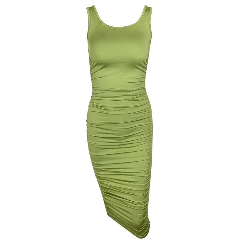 Solid Color Tight Backless Sleeveless Pleated Dress