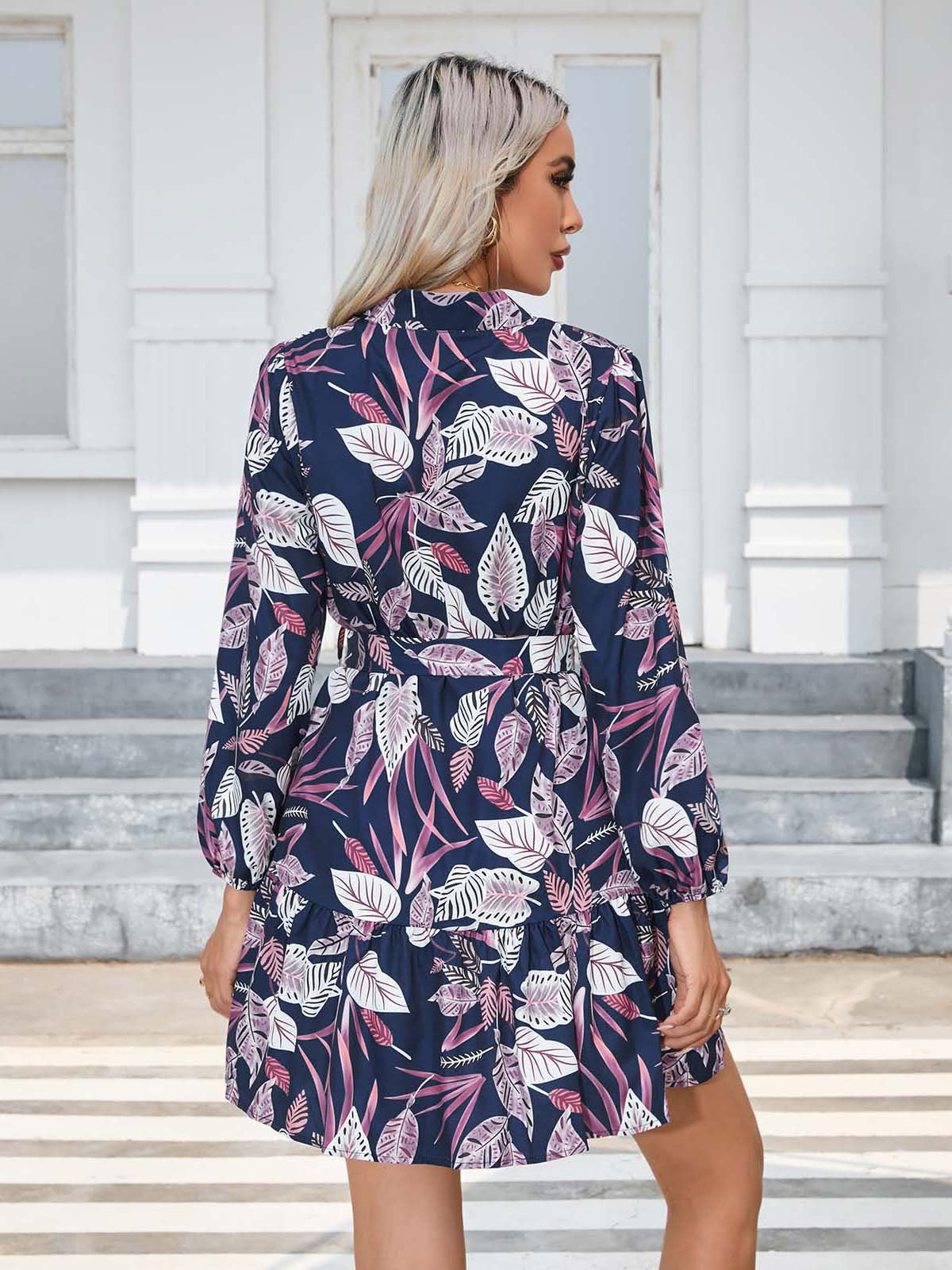 Printing Button Long Sleeve Dress