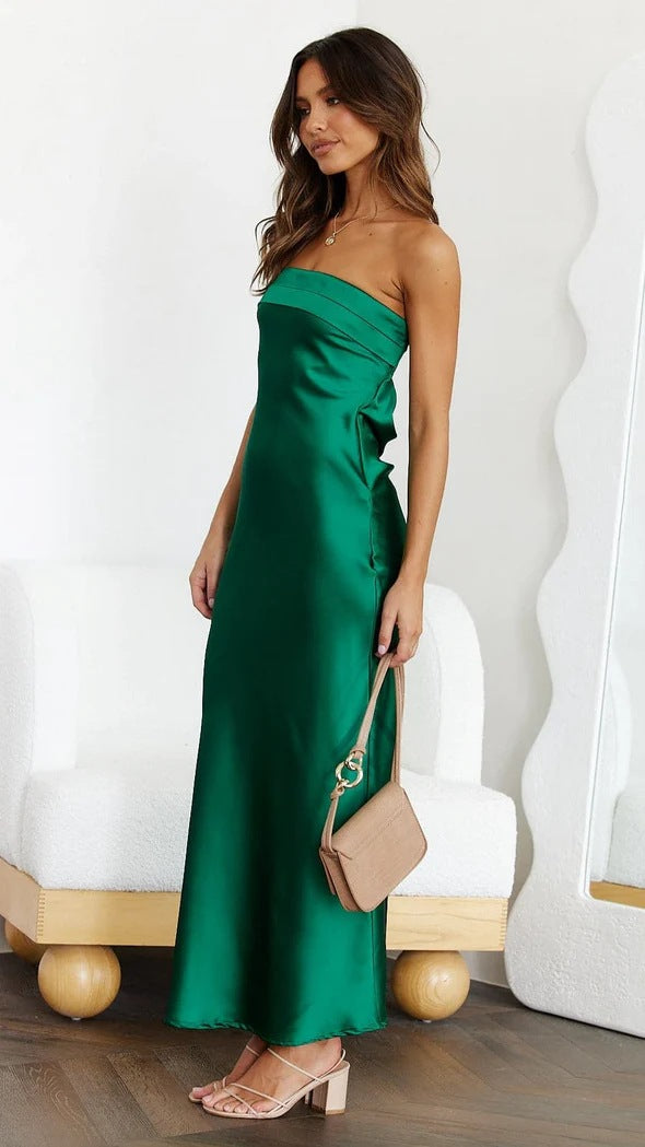 Spring Summer Elegant Socialite Satin Hollow Out Cutout Backless Tube Top Dress