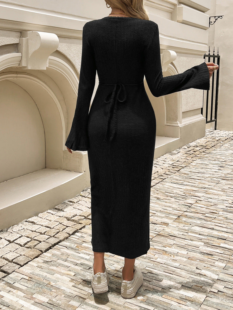 Flared Sleeves Solid Color Knitted Dress