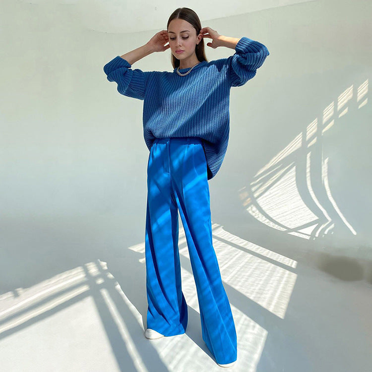 Spring Office High Waist Loose Blue Casual Trousers