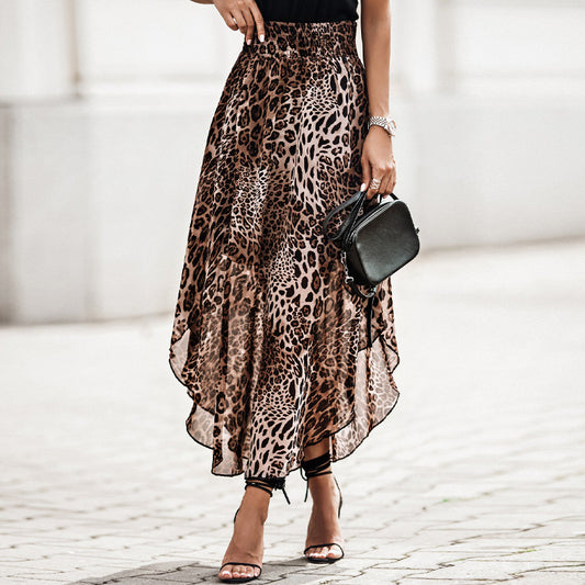 Pleating Leopard Print High Waist Slimming Chiffon Asymmetric Skirt