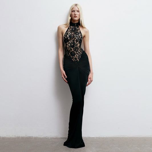 Sheer Cutout Lace Breathable Backless Sleeveless Black Slim Fit Dress