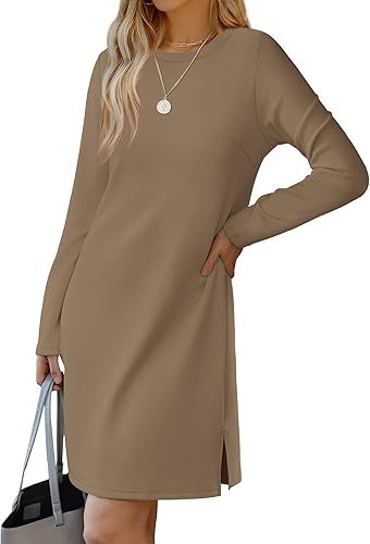 Round Neck Slit Hemline At Hem Sweater Long Sleeve Casual Dress