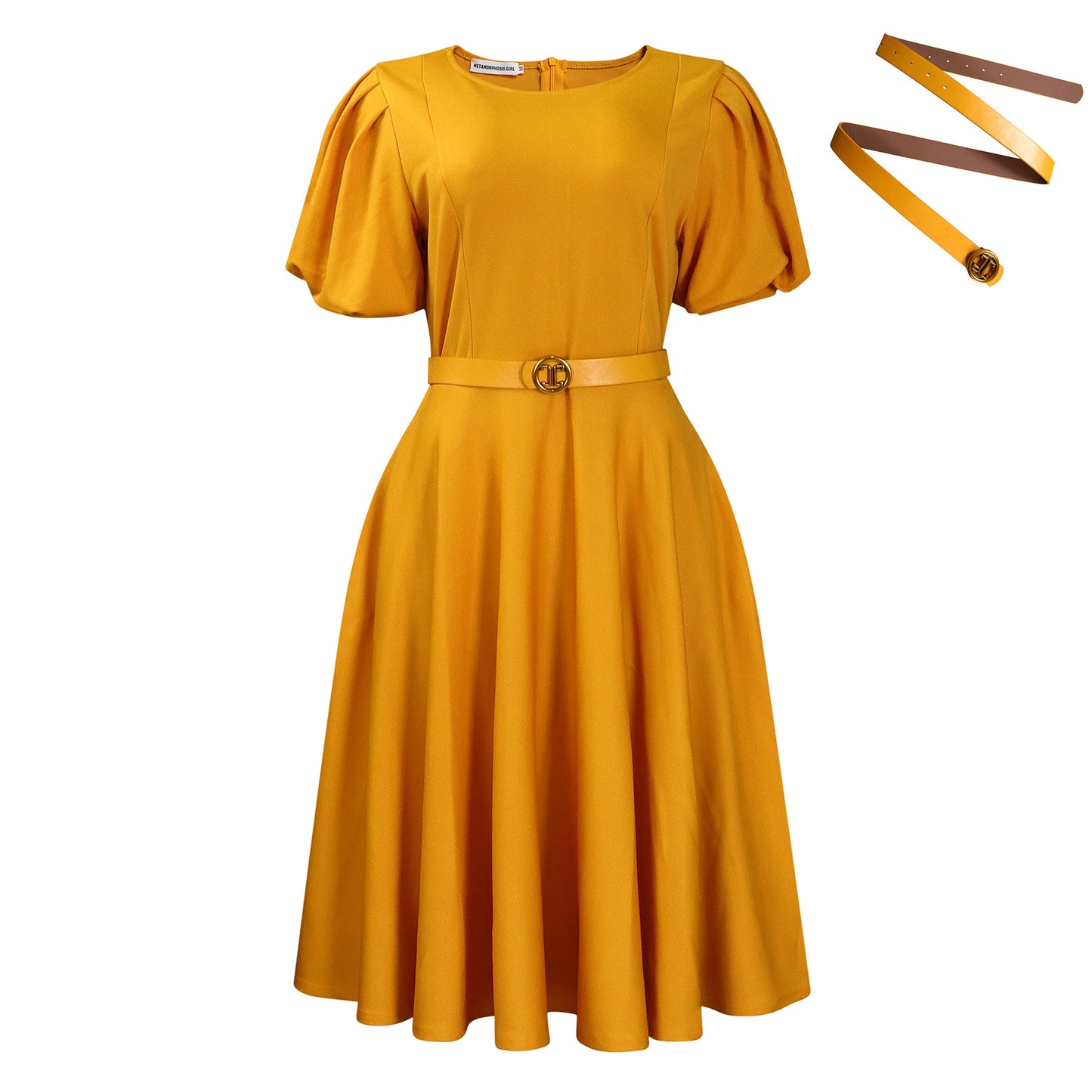 Round Neck Elegant Waist Controlled Large Hem Puff Sleeve A Line Dress