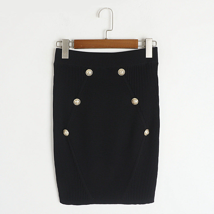 Round Neck Metal Buckle Set Early Autumn Winter French Faux Pocket Stand Collar Jacket with Skirt Knitted Two Piece