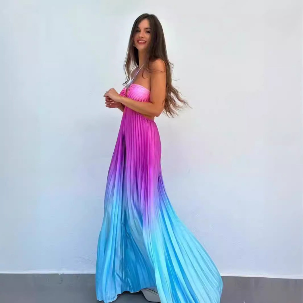 Gradient Color Halter Pleated Long Dress