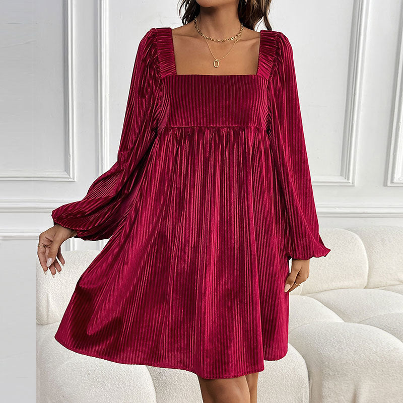 Velvet Square Collar Solid Color Dress