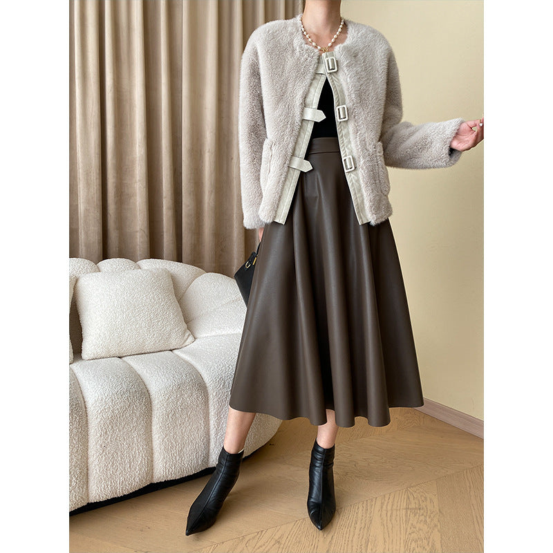 Elegant Fashionable French Office Umbrella A line Leather Skirt