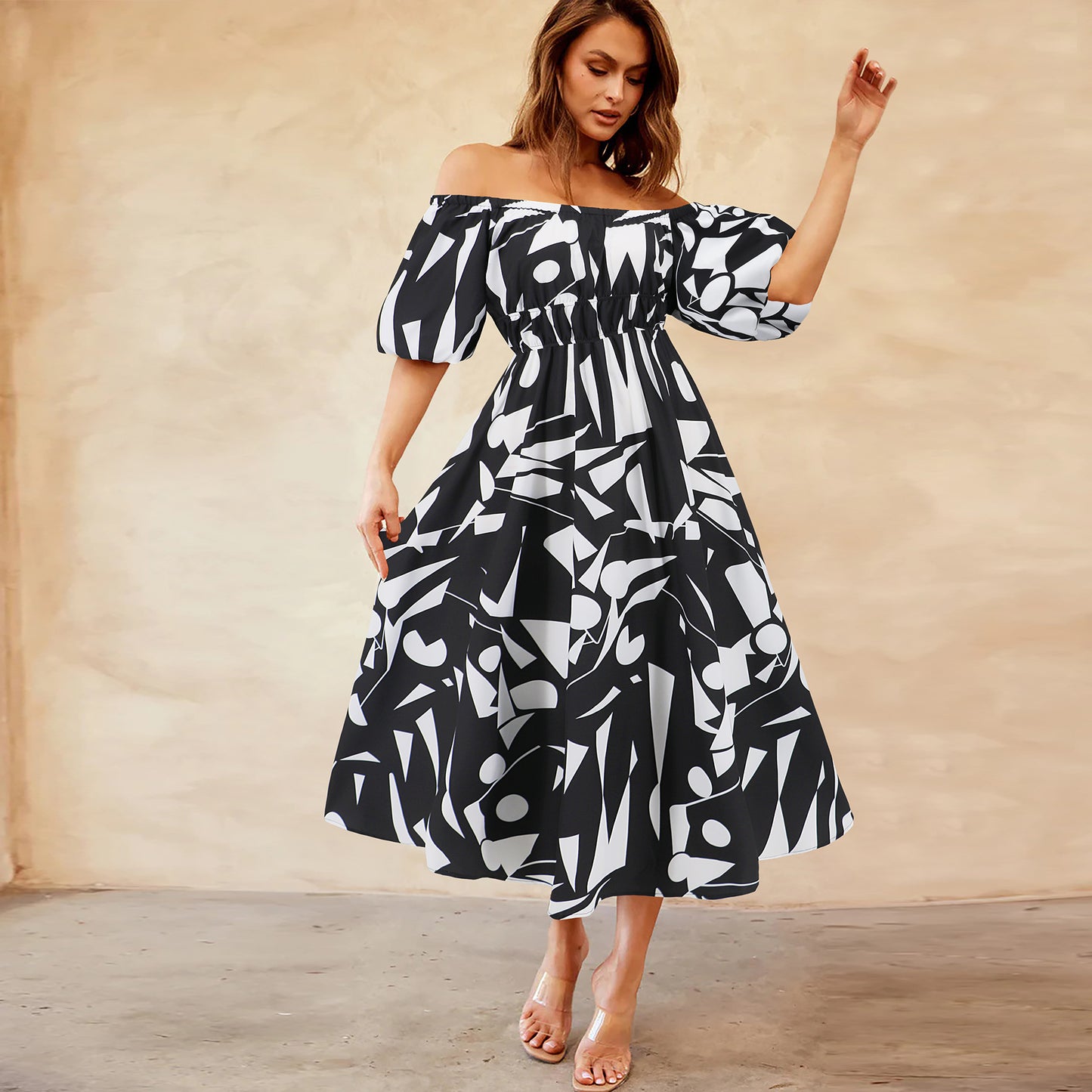 Sexy Off Neck Puff Sleeve Printed Dress