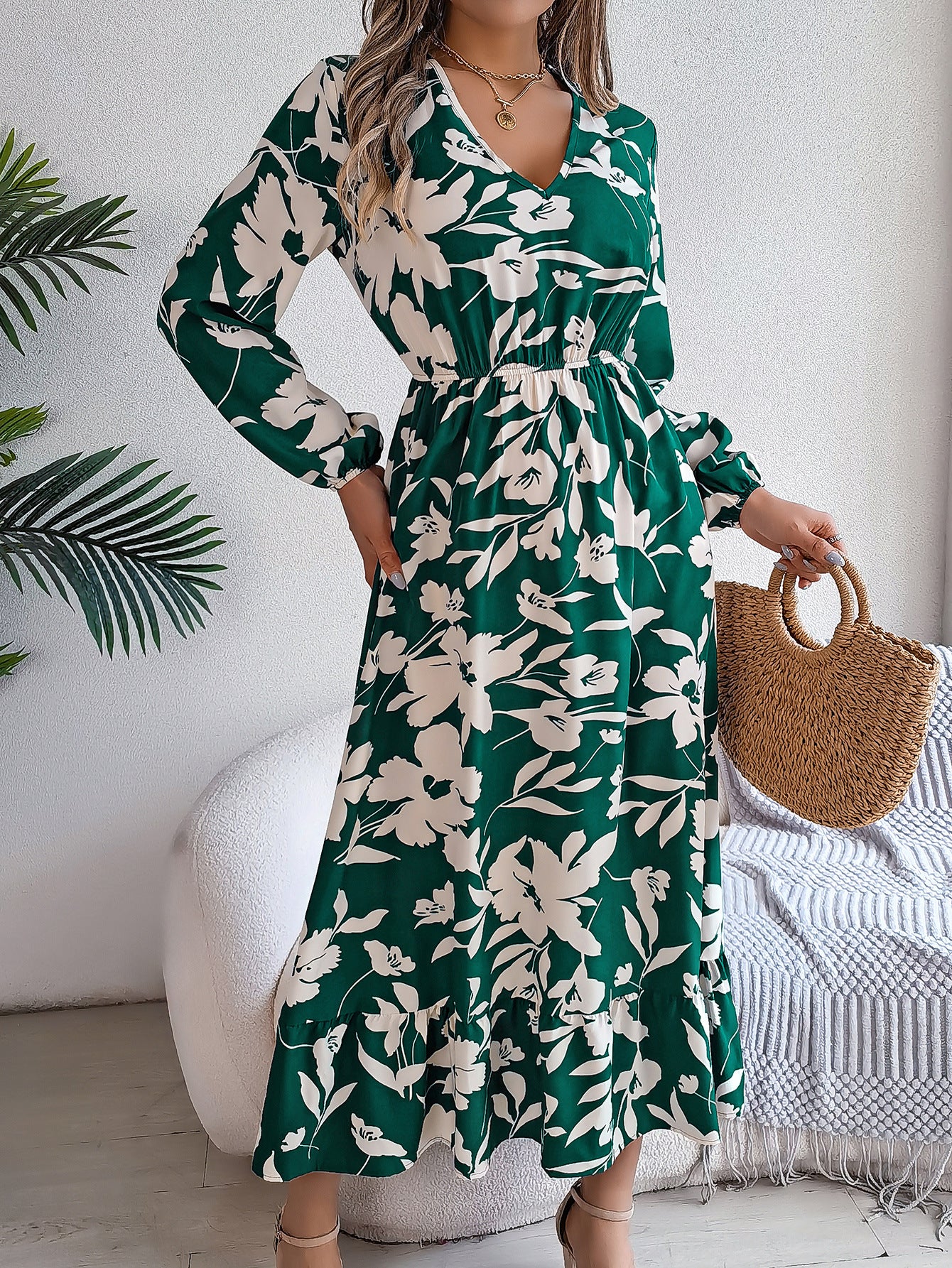 Floral Waist Controlled Long Sleeves Ruffled Dress