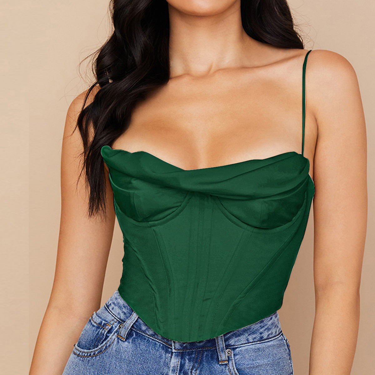 Sexy Pile Collar Satin Pleated Camisole Top