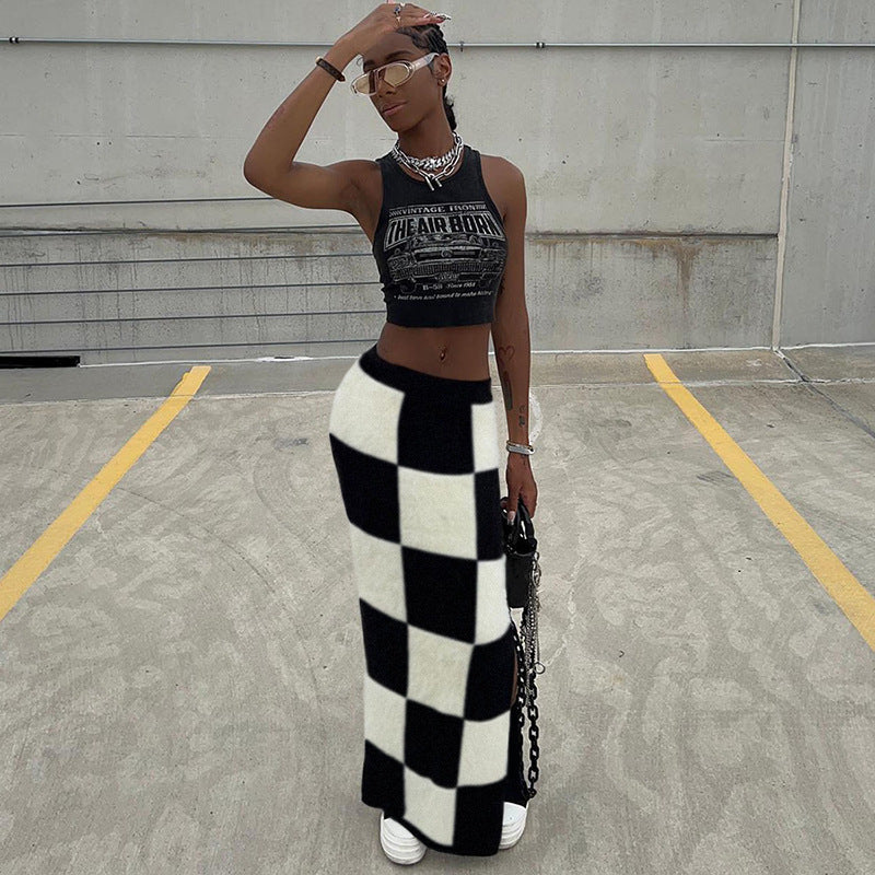 High Waist Slit Wrapped Chessboard Plaid Skirt