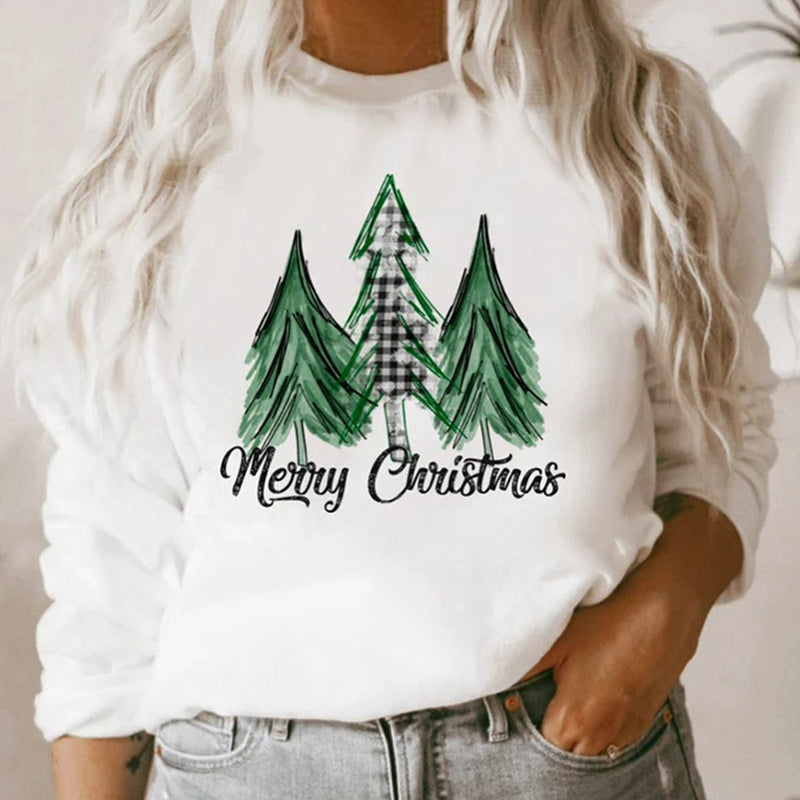 White Long Sleeve Loose Christmas Graphic Print Crew Neck Sweater