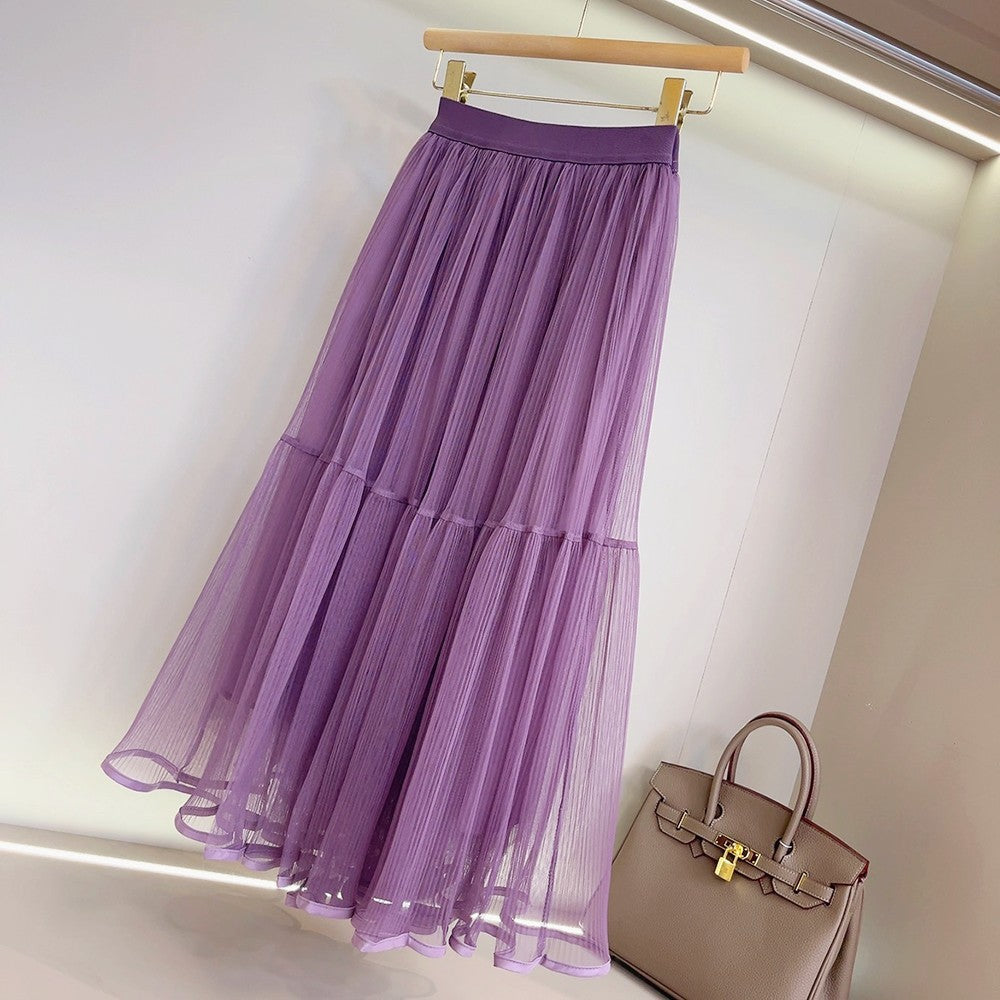 Gauze Pleated A Line High Waist Mid Length Skirt