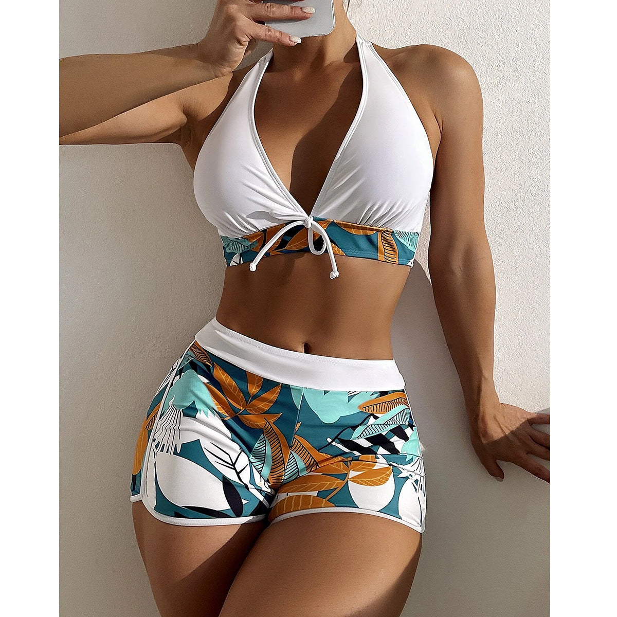 Split hoge taille boxer kant afdrukken effen kleur stiksel bikini