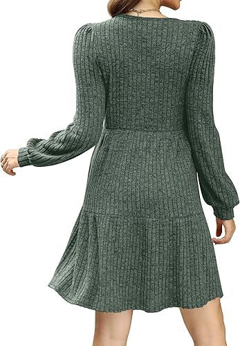 Square Collar Lantern Sleeve Pocket Long Sleeve Dress