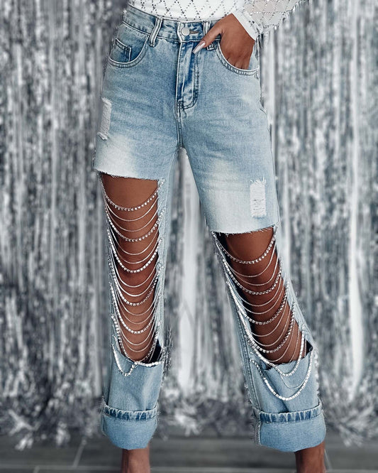 Big Ripped Chain Ornaments Straight Leg Jeans