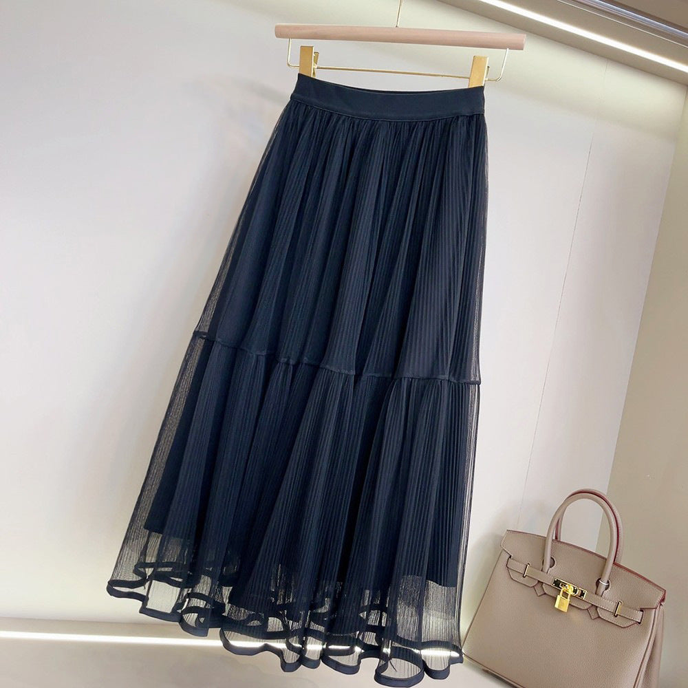 Gauze Pleated A Line High Waist Mid Length Skirt