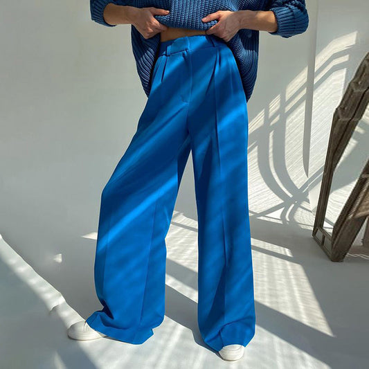 Spring Office High Waist Loose Blue Casual Trousers