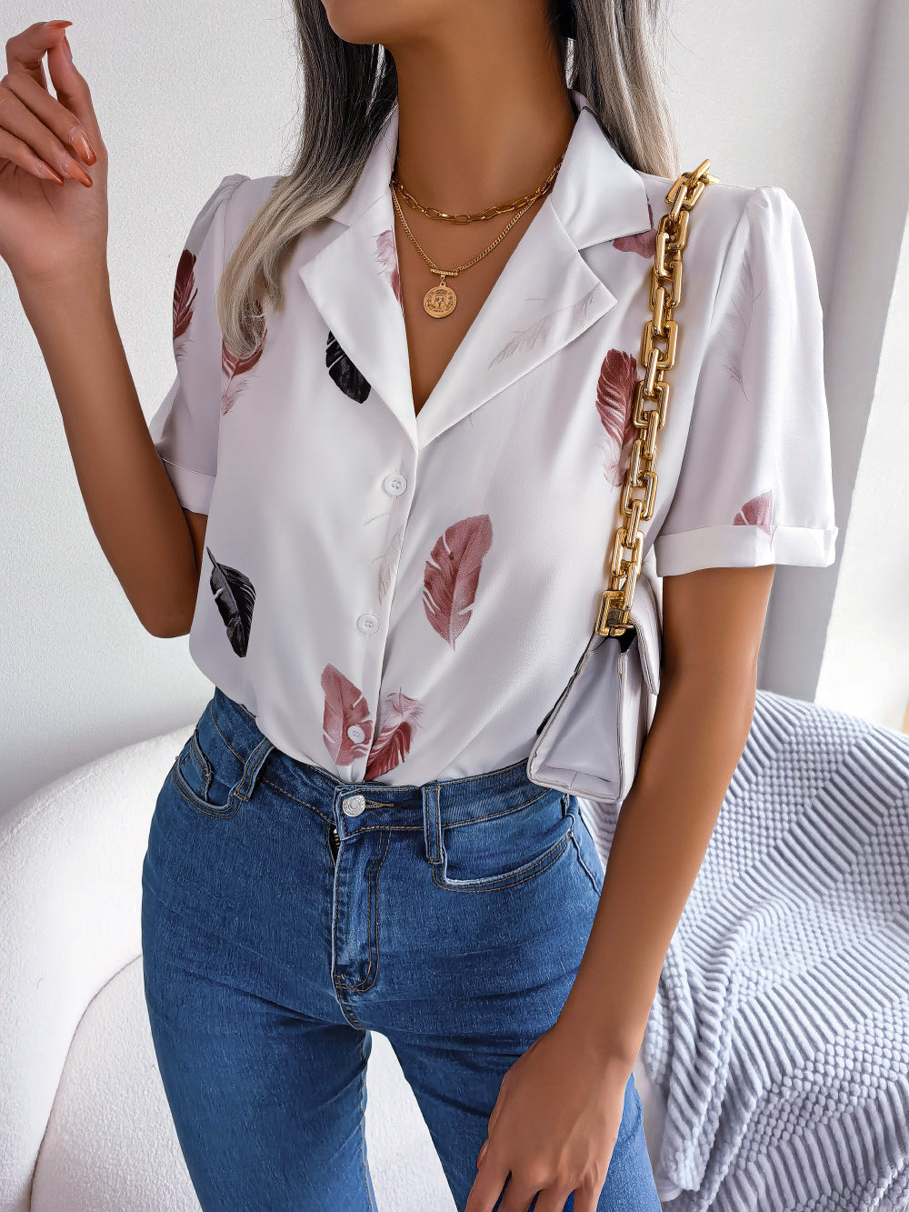 Elegant Collar Feather Loose Short Sleeve Shirt