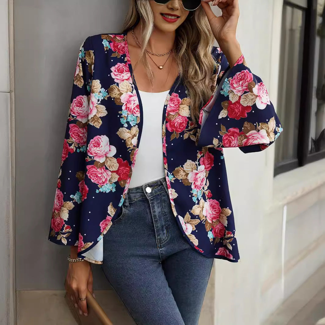 V Neck Floral Print Bell Sleeve Shirt