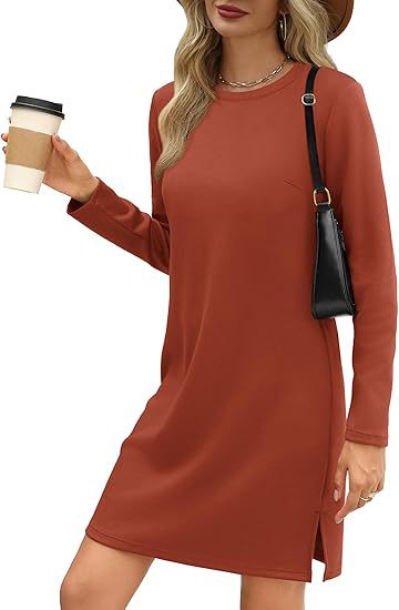 Round Neck Slit Hemline At Hem Sweater Long Sleeve Casual Dress