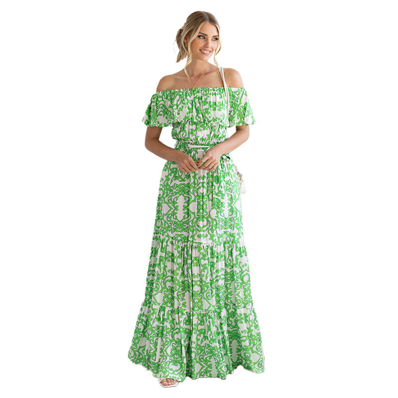 Floral-Print off Shoulder Ruffle Sleeve Elegant Large Swing Dress