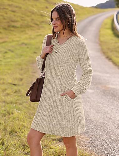 V Neck Pocket Sunken Stripe Brushed Long Sleeve Casual Dress