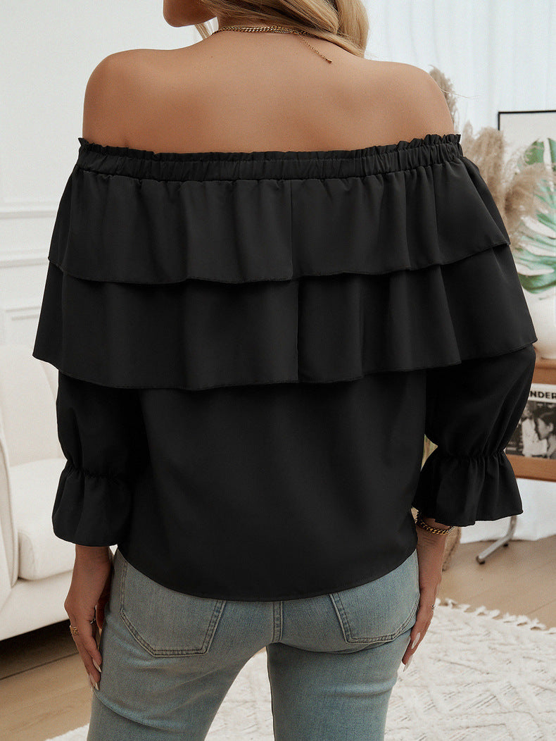 Losse plooien off shoulder bisschopsmouwen top