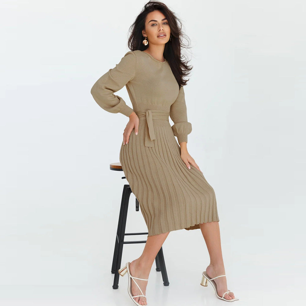 Slim-Fit Pleated Mid-Length Bottoming Sweater Knitting Dress