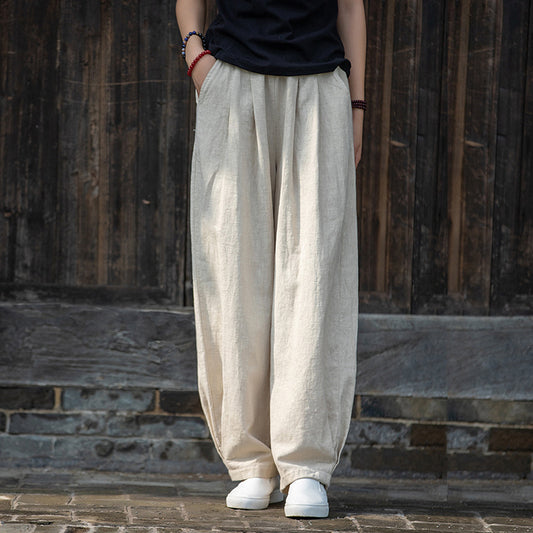 Cotton Linen Artistic Stone Washed Loose Cotton Linen Slimming Trousers