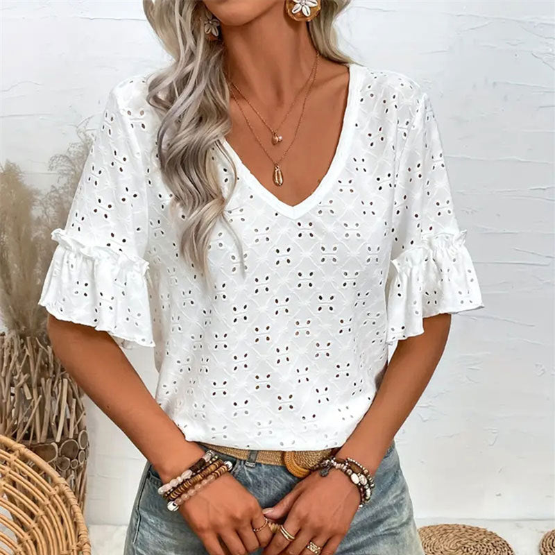Knitted Embroidered Hollow Out Ruffled V Neck Short Sleeved Shirt T Shirt
