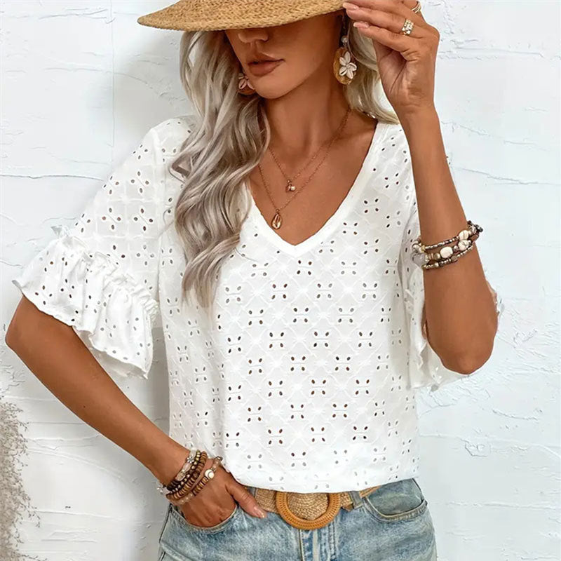 Knitted Embroidered Hollow Out Ruffled V Neck Short Sleeved Shirt T Shirt