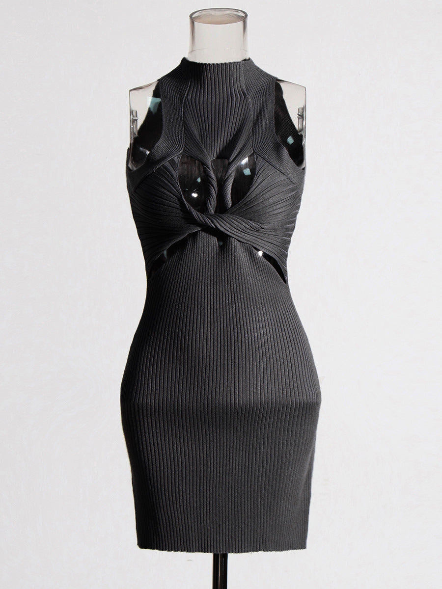 性感无袖优雅设计镂空镂空麻花修身修身针织连衣裙