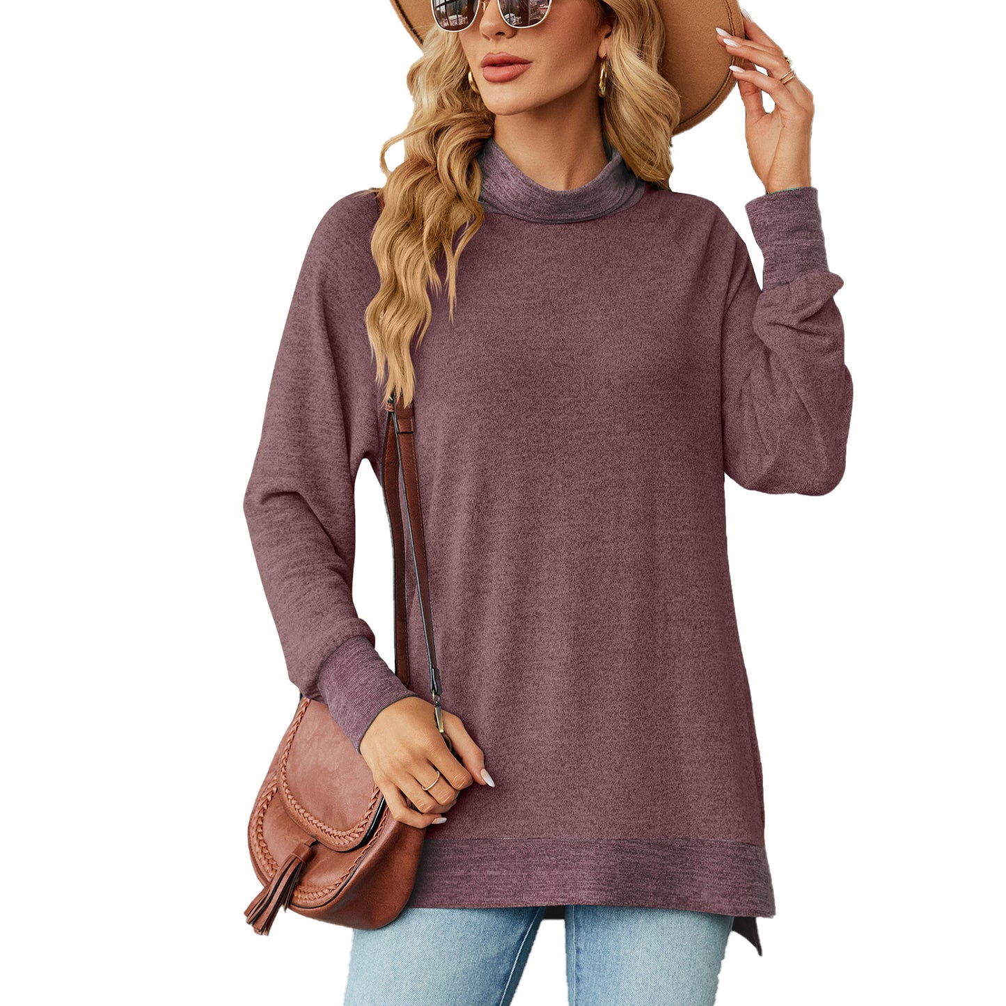 Autumn Winter Contrast Color Scarf Loose Long Sleeve Split Sweatshirt
