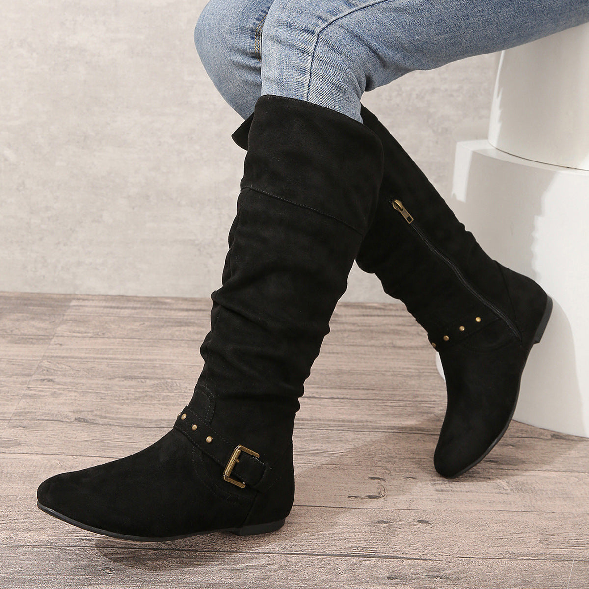 Retro Hohe Chunky Heel Gürtelschnallen Stiefel