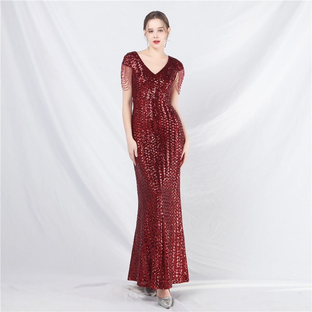 Beaded Sequined Long A Line Evening Dress